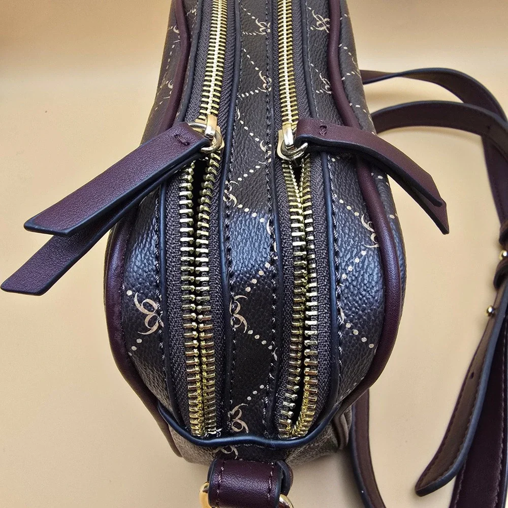 Nine West Monogram Crossbody Bag Burgundy Faux Leather Double Zip